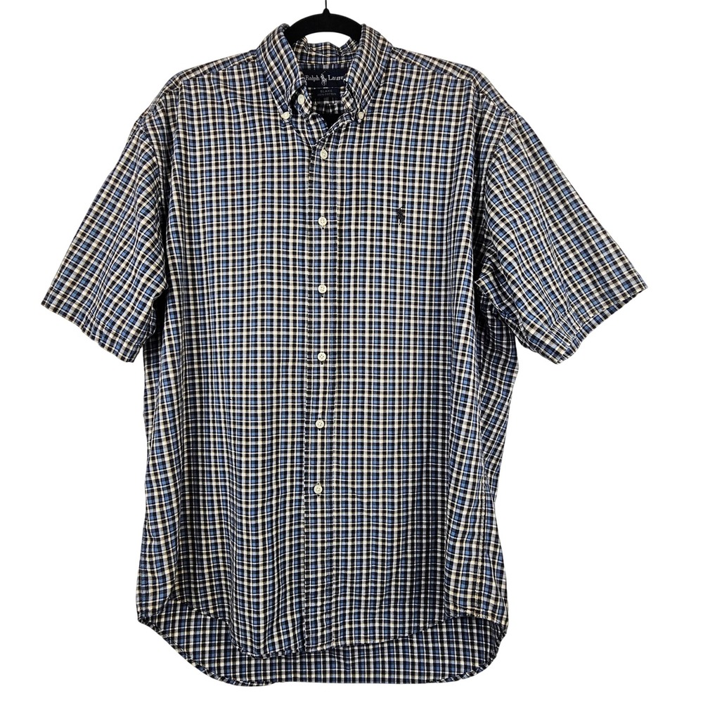 Ralph Lauren Blake Men's Medium Blue Plaid Short Sleeve Button Down Cotton Shirt